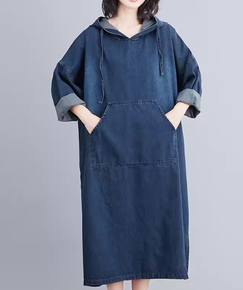 レディース ワンピース プルオーバー デニム デニムワンピース ロング 長袖 Aライン ポケット フード かわいい シンプル カジュアル おしゃれ レトロ ラフ ガーリー ルーズ ラブリー キュート