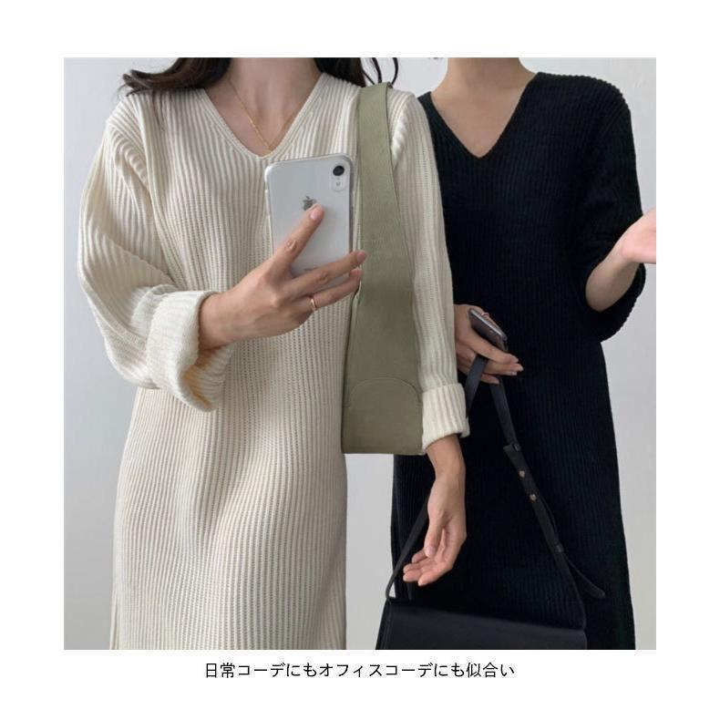 春 夏 ニットワンピ Vネック レディース ワンピース ニット ロングワンピ 長袖 春秋 冬 長袖ワンピース シンプル Vネックニットワンピ