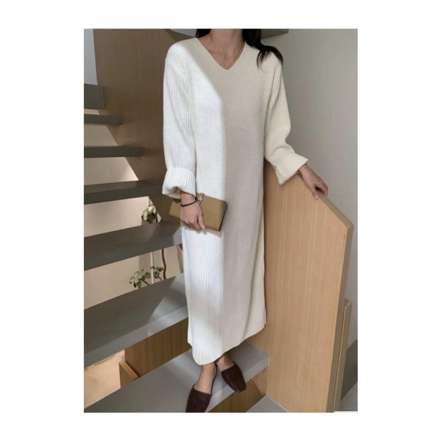 春 夏 ニットワンピ Vネック レディース ワンピース ニット ロングワンピ 長袖 春秋 冬 長袖ワンピース シンプル Vネックニットワンピ