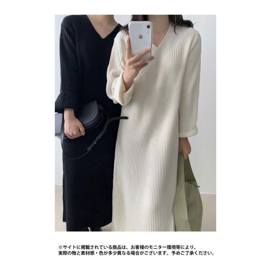 春 夏 ニットワンピ Vネック レディース ワンピース ニット ロングワンピ 長袖 春秋 冬 長袖ワンピース シンプル Vネックニットワンピ