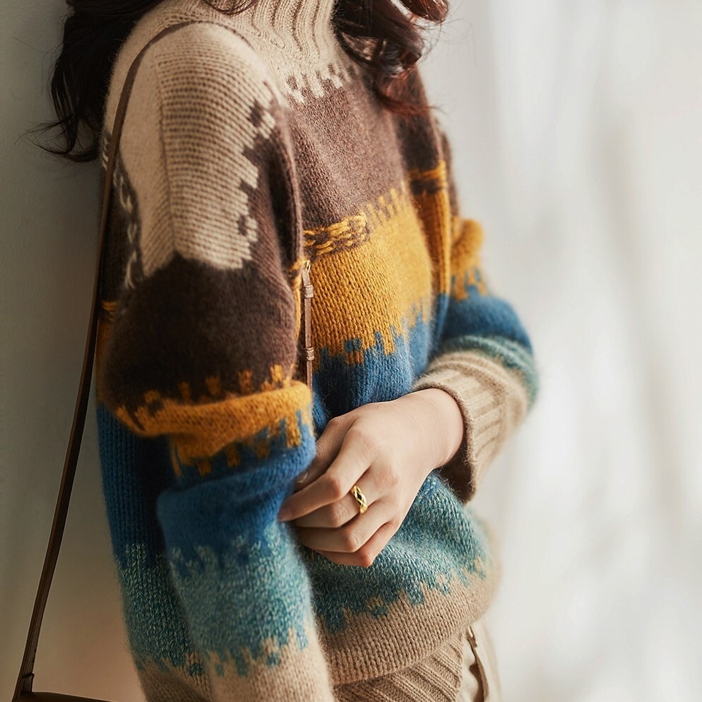 ボーダー柄セーター ブラウン トップス ニットソー セーター スリム 細身 ストレート スマート