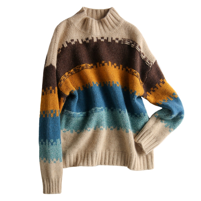 ボーダー柄セーター ブラウン トップス ニットソー セーター スリム 細身 ストレート スマート