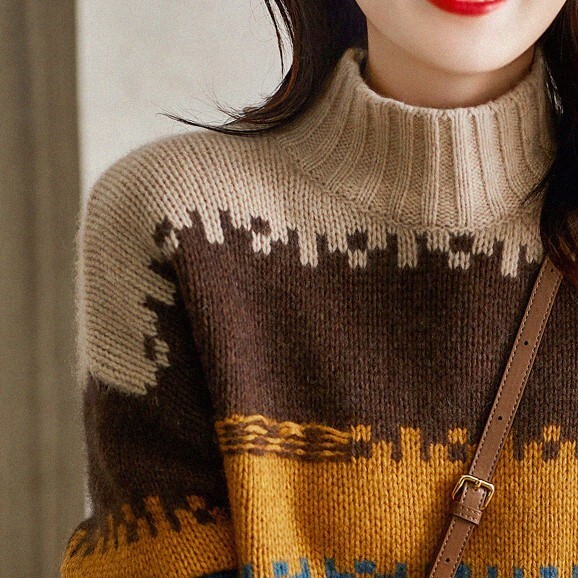 ボーダー柄セーター ブラウン トップス ニットソー セーター スリム 細身 ストレート スマート