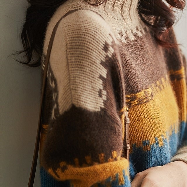 ボーダー柄セーター ブラウン トップス ニットソー セーター スリム 細身 ストレート スマート