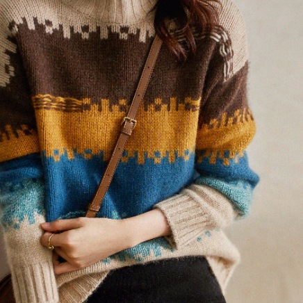 ボーダー柄セーター ブラウン トップス ニットソー セーター スリム 細身 ストレート スマート