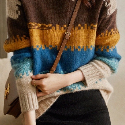 ボーダー柄セーター ブラウン トップス ニットソー セーター スリム 細身 ストレート スマート