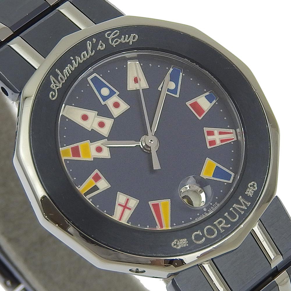 CORUM コルム アドミラルズカップ 39.610.30 V050 腕時計 ステンレススチール ガンブルー ネイビー シルバー クオーツ アナログ表示 レディース ネイビー文字盤 中古品 Aラン