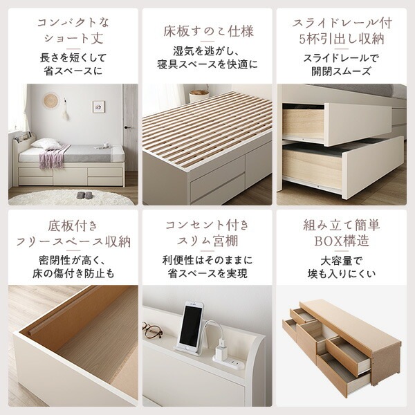 [お客様組立]収納ベッド 宮付 ショート丈 シングル 国産ポケットコイルマットレス付 ホワイト