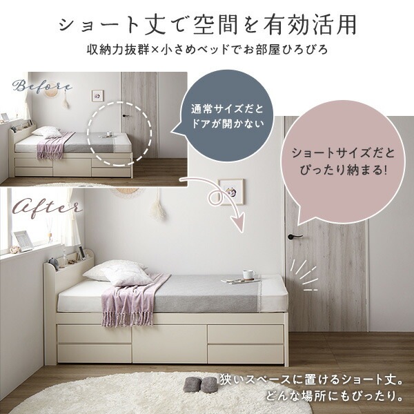 [お客様組立]収納ベッド 宮付 ショート丈 シングル 国産ポケットコイルマットレス付 ホワイト