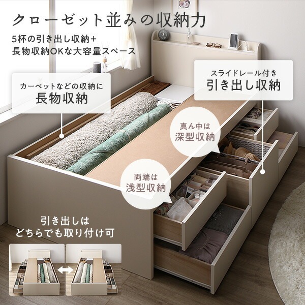 [お客様組立]収納ベッド 宮付 ショート丈 シングル 国産ポケットコイルマットレス付 ホワイト