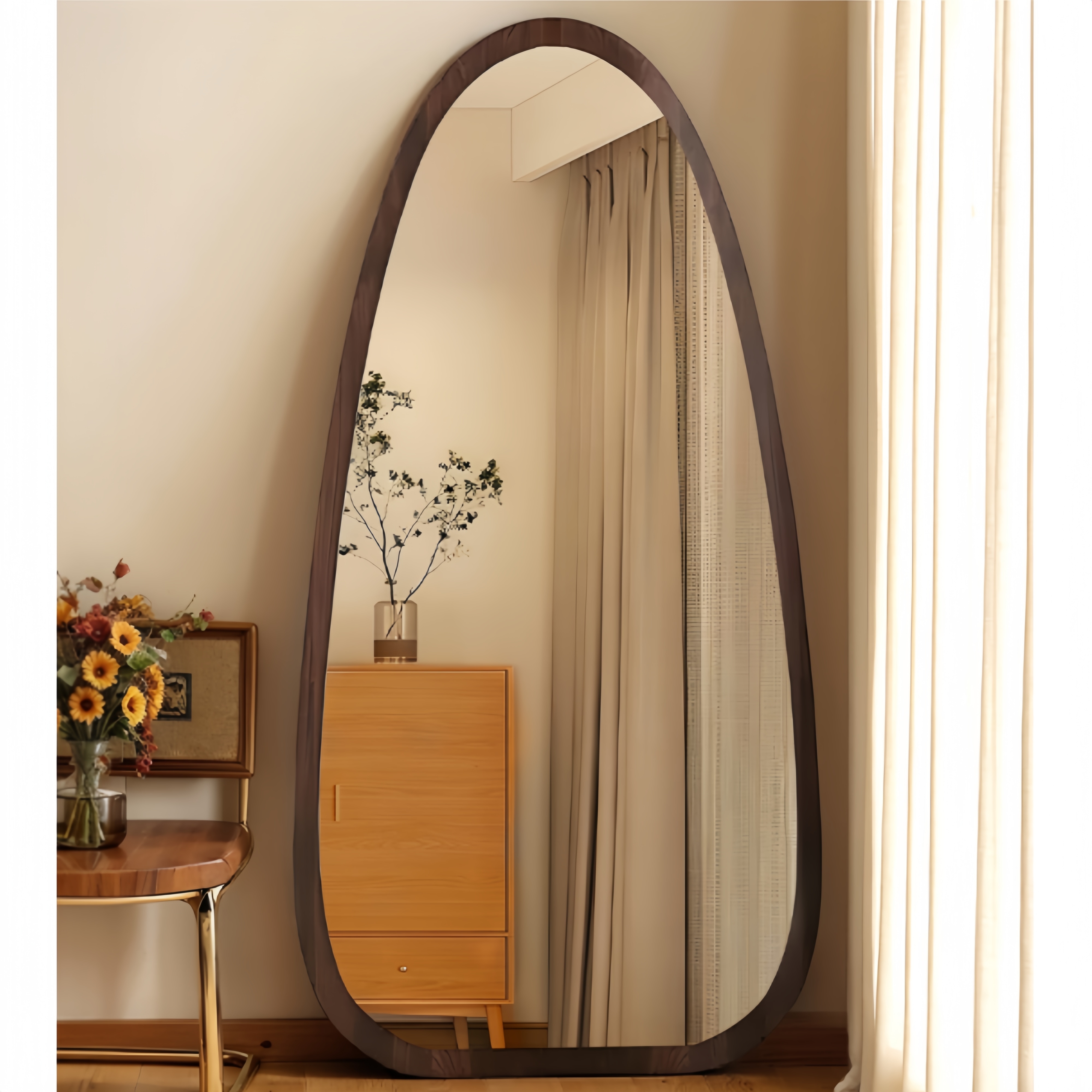 【国内出荷】全身鏡 水滴型 姿見鏡 北欧 木目調 スタンドミラー 壁掛けミラー 立てかけ 姿見 鏡 ミラー おしゃれ 飛散防止 150*70CM ブラウン