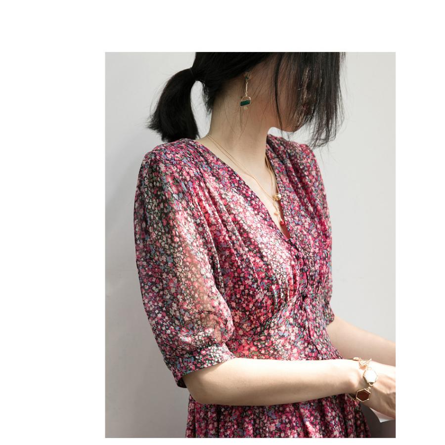 ワンピース レディース きれいめ マキシワンピース 春夏新作 五分袖ワンピース 花柄シフォン vネック aラインスカートオシャレ韓国風 大人 結婚式ドレス