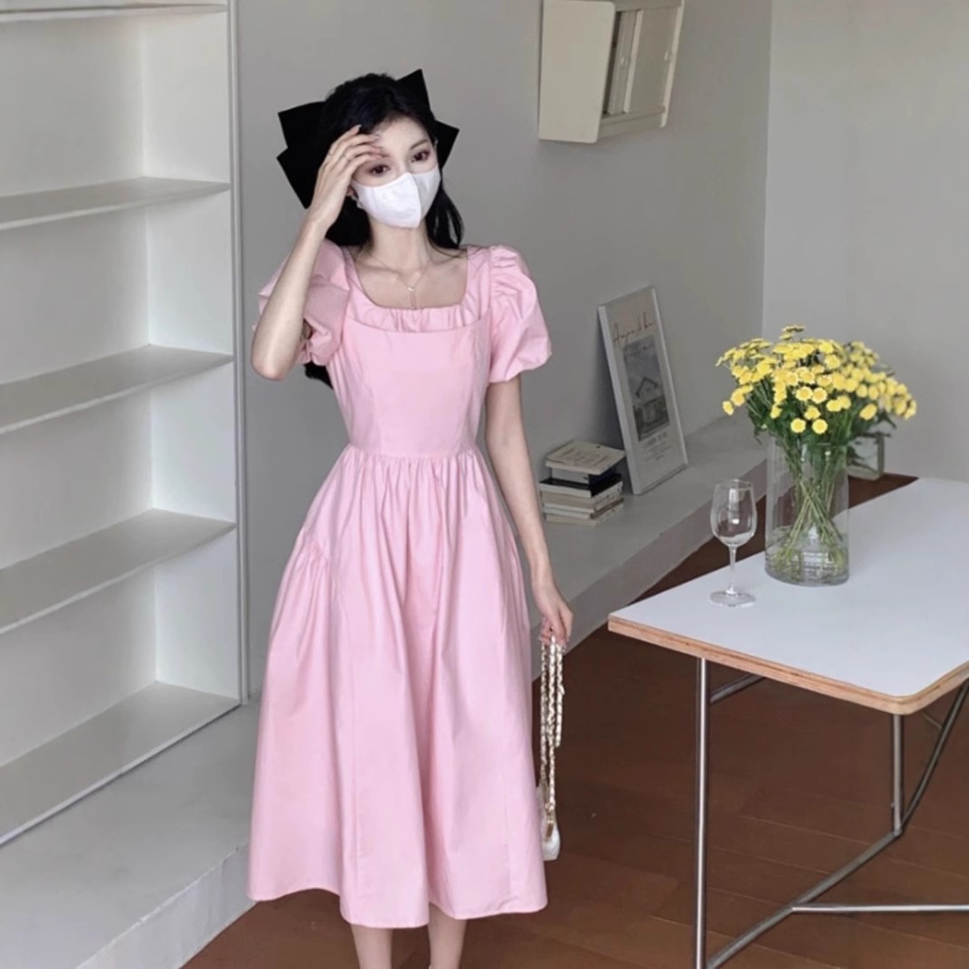 【1点ご購入 で10点プレゼントいたします】2025ピンクパフスリーブ小柄ワンピース女性ウエストアップ初恋スカートミディアムスカート 【1点ご購入 で10点プレゼントいたします】2025ピンクパフスリーブ小柄ワンピース女性ウエストアップ初恋スカートミディアムスカート