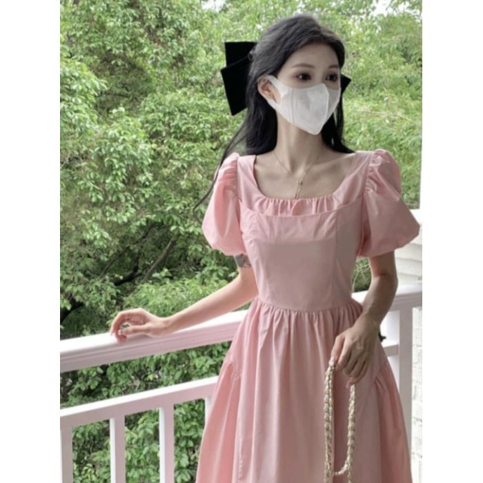 【1点ご購入 で10点プレゼントいたします】2025ピンクパフスリーブ小柄ワンピース女性ウエストアップ初恋スカートミディアムスカート 【1点ご購入 で10点プレゼントいたします】2025ピンクパフスリーブ小柄ワンピース女性ウエストアップ初恋スカートミディアムスカート