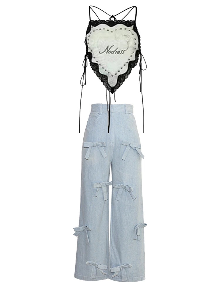 Le Sserafim ゴールドソース レースプリントチューブトップサスペンダーリボンジーンズスーツ Le Sserafim ゴールドソース レースプリントチューブトップサスペンダーリボンジーンズスーツ