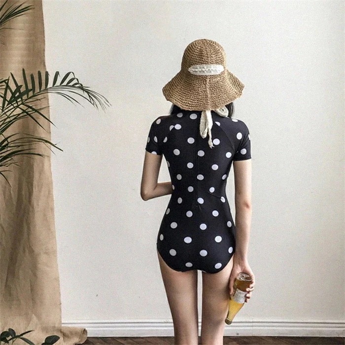 レディース 水着 半袖 体型カバー水着 セクシー 大人 水着 ビーチ スクール 海水浴 可愛い 水着 女子 おしゃれ 脚長効果 ドット柄 水着 レディース 小胸 オールインワン 水着 M L XL
