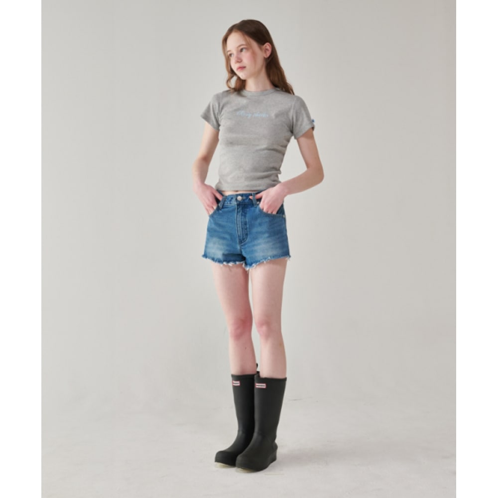 RONRON ローズリボンポイントスリムクロップTシャツメランジグレー RONRON ローズリボンポイントスリムクロップTシャツメランジグレー