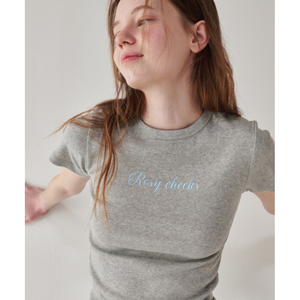 RONRON ローズリボンポイントスリムクロップTシャツメランジグレー RONRON ローズリボンポイントスリムクロップTシャツメランジグレー