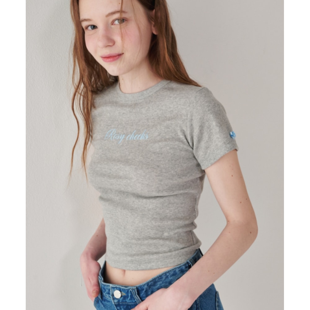 RONRON ローズリボンポイントスリムクロップTシャツメランジグレー RONRON ローズリボンポイントスリムクロップTシャツメランジグレー