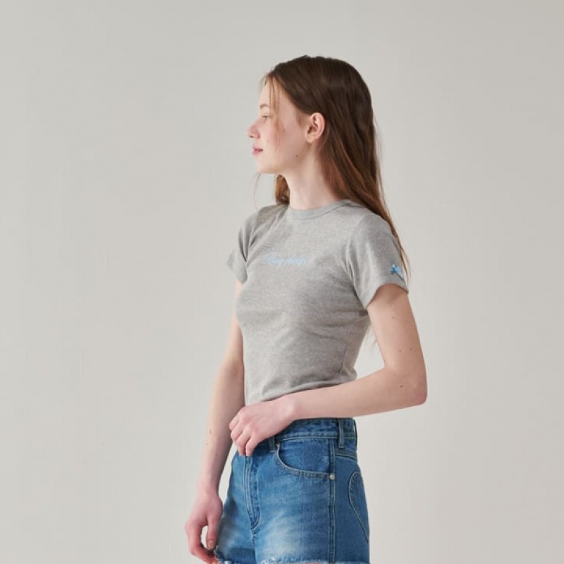 RONRON ローズリボンポイントスリムクロップTシャツメランジグレー RONRON ローズリボンポイントスリムクロップTシャツメランジグレー