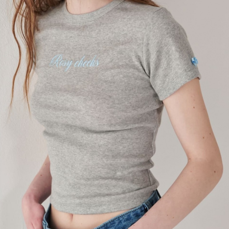 RONRON ローズリボンポイントスリムクロップTシャツメランジグレー RONRON ローズリボンポイントスリムクロップTシャツメランジグレー
