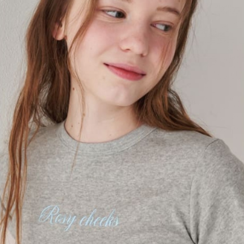 RONRON ローズリボンポイントスリムクロップTシャツメランジグレー RONRON ローズリボンポイントスリムクロップTシャツメランジグレー