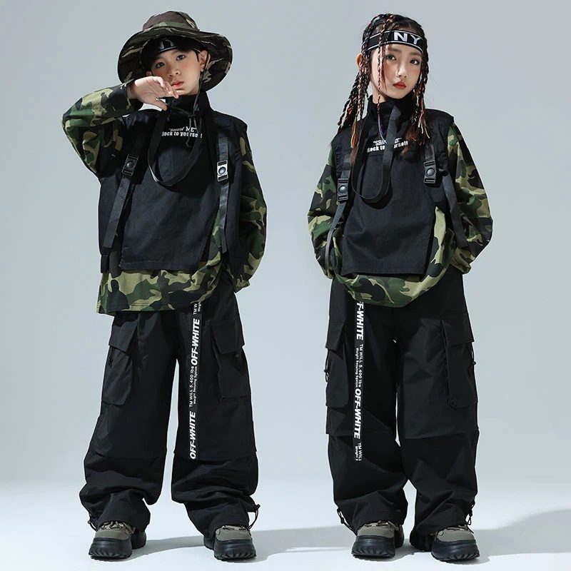 ストリートダンス少年潮服ヒップホップ迷彩tシャツ女の子ジャズダンス工装ズボンセット男の子Bboy表演出服1572