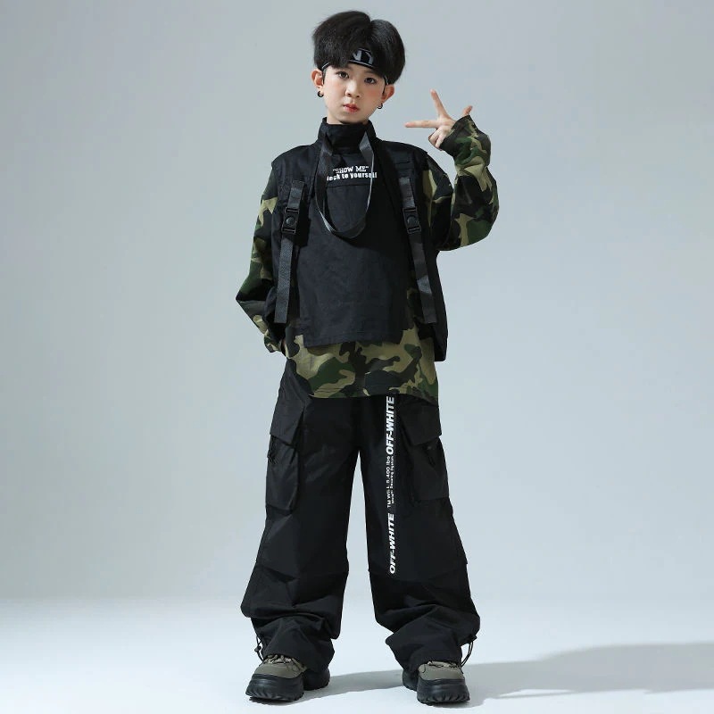 ストリートダンス少年潮服ヒップホップ迷彩tシャツ女の子ジャズダンス工装ズボンセット男の子Bboy表演出服1572
