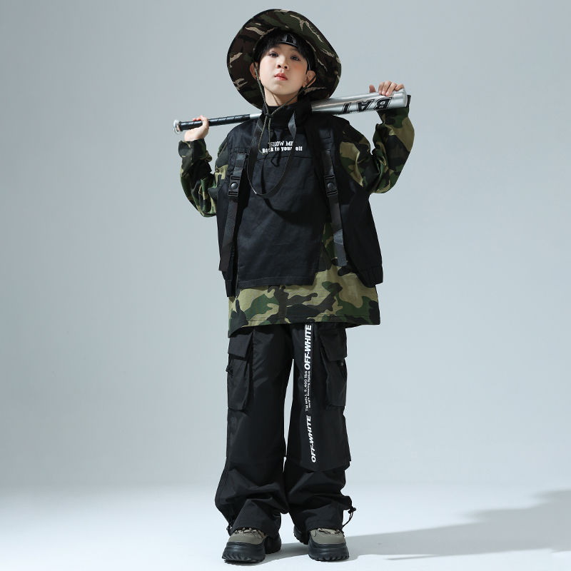 ストリートダンス少年潮服ヒップホップ迷彩tシャツ女の子ジャズダンス工装ズボンセット男の子Bboy表演出服1572