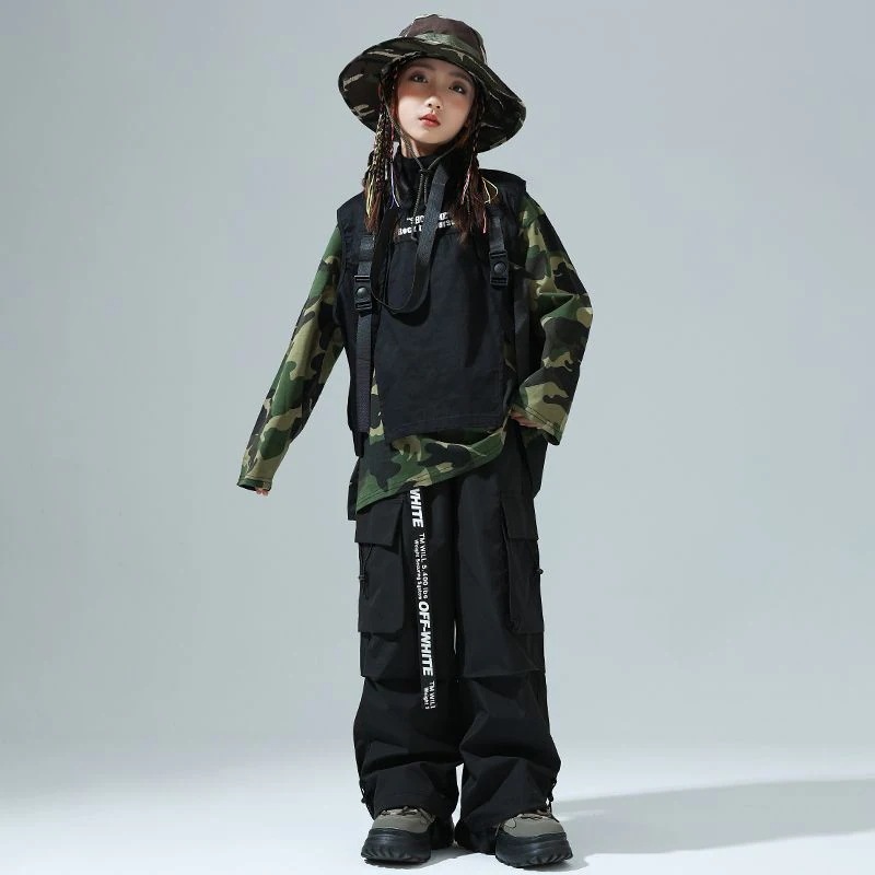 ストリートダンス少年潮服ヒップホップ迷彩tシャツ女の子ジャズダンス工装ズボンセット男の子Bboy表演出服1572