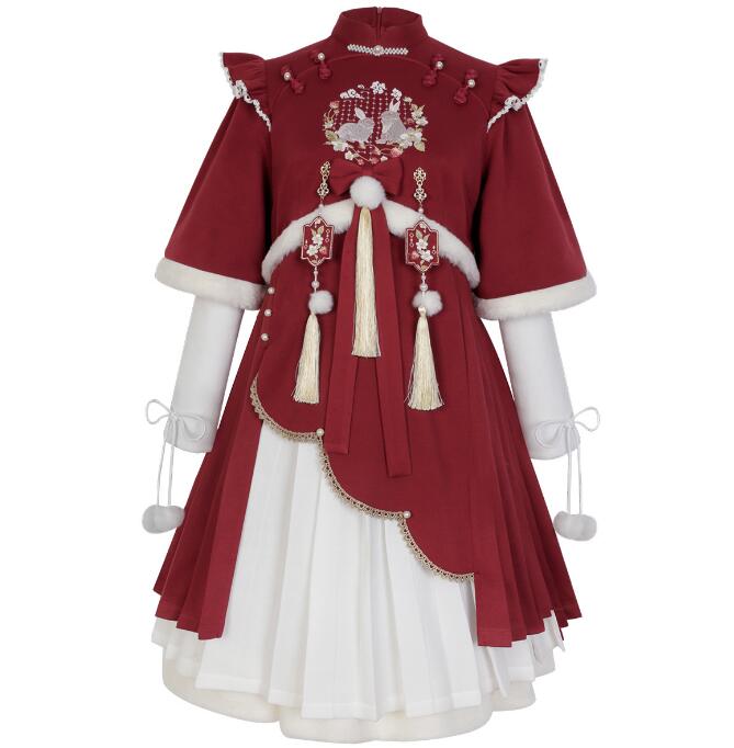 漢風 ロリータワンピース 可愛い ロリータ服 苺柄 兎柄 秋冬 厚手 コスプレ衣装 プリーツスカート 中華服 漢元素 コスチューム 学園祭 文化祭 イベント 撮影衣装 舞台衣装