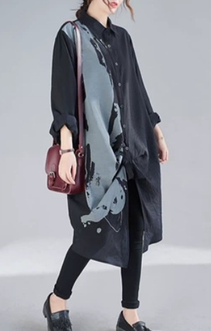 模様入り長袖ロングシャツ トップス ロング丈 袖あり 柄入り 個性的 ゆったり 長袖 爽やか 大人スタイル 大人可愛い きれいめ シンプル カジュアル 大人 上品 おしゃれ かっこいい レトロ