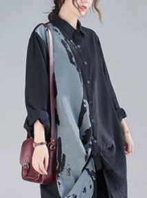 模様入り長袖ロングシャツ トップス ロング丈 袖あり 柄入り 個性的 ゆったり 長袖 爽やか 大人スタイル 大人可愛い きれいめ シンプル カジュアル 大人 上品 おしゃれ かっこいい レトロ