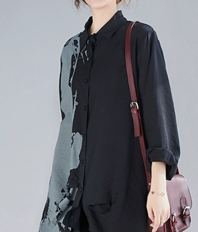模様入り長袖ロングシャツ トップス ロング丈 袖あり 柄入り 個性的 ゆったり 長袖 爽やか 大人スタイル 大人可愛い きれいめ シンプル カジュアル 大人 上品 おしゃれ かっこいい レトロ
