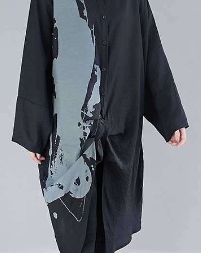 模様入り長袖ロングシャツ トップス ロング丈 袖あり 柄入り 個性的 ゆったり 長袖 爽やか 大人スタイル 大人可愛い きれいめ シンプル カジュアル 大人 上品 おしゃれ かっこいい レトロ