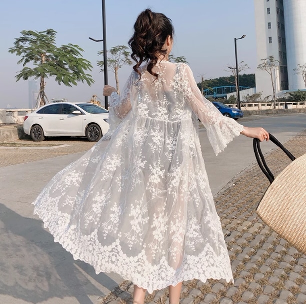 レディース 羽織 前開き 7分袖 レース 刺繍 チュール シフォン フリル かわいい 大人可愛い きれいめ シンプル カジュアル 上品 おしゃれ かっこいい レトロ アジアン エスニック エキゾチック