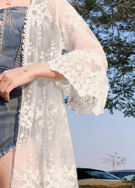 レディース 羽織 前開き 7分袖 レース 刺繍 チュール シフォン フリル かわいい 大人可愛い きれいめ シンプル カジュアル 上品 おしゃれ かっこいい レトロ アジアン エスニック エキゾチック