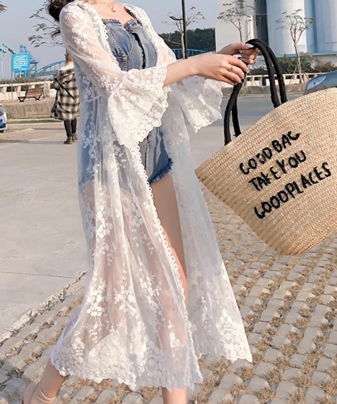 レディース 羽織 前開き 7分袖 レース 刺繍 チュール シフォン フリル かわいい 大人可愛い きれいめ シンプル カジュアル 上品 おしゃれ かっこいい レトロ アジアン エスニック エキゾチック