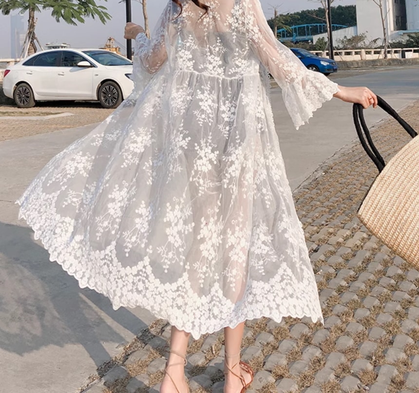 レディース 羽織 前開き 7分袖 レース 刺繍 チュール シフォン フリル かわいい 大人可愛い きれいめ シンプル カジュアル 上品 おしゃれ かっこいい レトロ アジアン エスニック エキゾチック