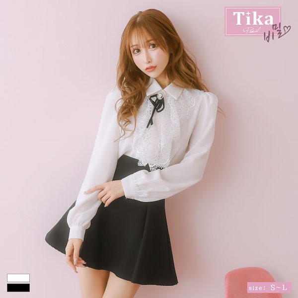 Tika 襟デザインネックリボン総レース袖ありフレアミニドレス