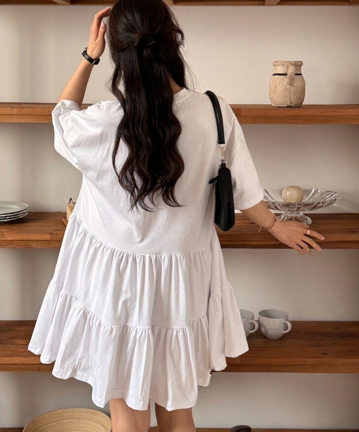 ティアードコットンカットソー半袖チュニック レディース トップス ロング丈 長め カットソー Tシャツ 5分袖 五分袖 チュニック レイヤード 重ね着 半袖 薄手 コットン 綿 楽ちん