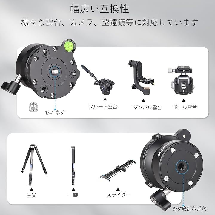 カメラ レベリングベース+パノラマパンキット 三脚ヘッド 360度回転 水平雲台 CNCアルミ合金 レベラースタンド ブラケット( レベリングベース＆パノラマパンベース キット)