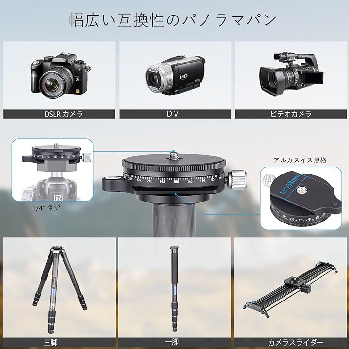 カメラ レベリングベース+パノラマパンキット 三脚ヘッド 360度回転 水平雲台 CNCアルミ合金 レベラースタンド ブラケット( レベリングベース＆パノラマパンベース キット)