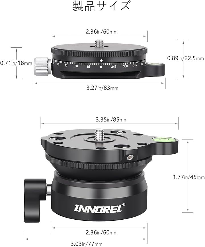 カメラ レベリングベース+パノラマパンキット 三脚ヘッド 360度回転 水平雲台 CNCアルミ合金 レベラースタンド ブラケット( レベリングベース＆パノラマパンベース キット)