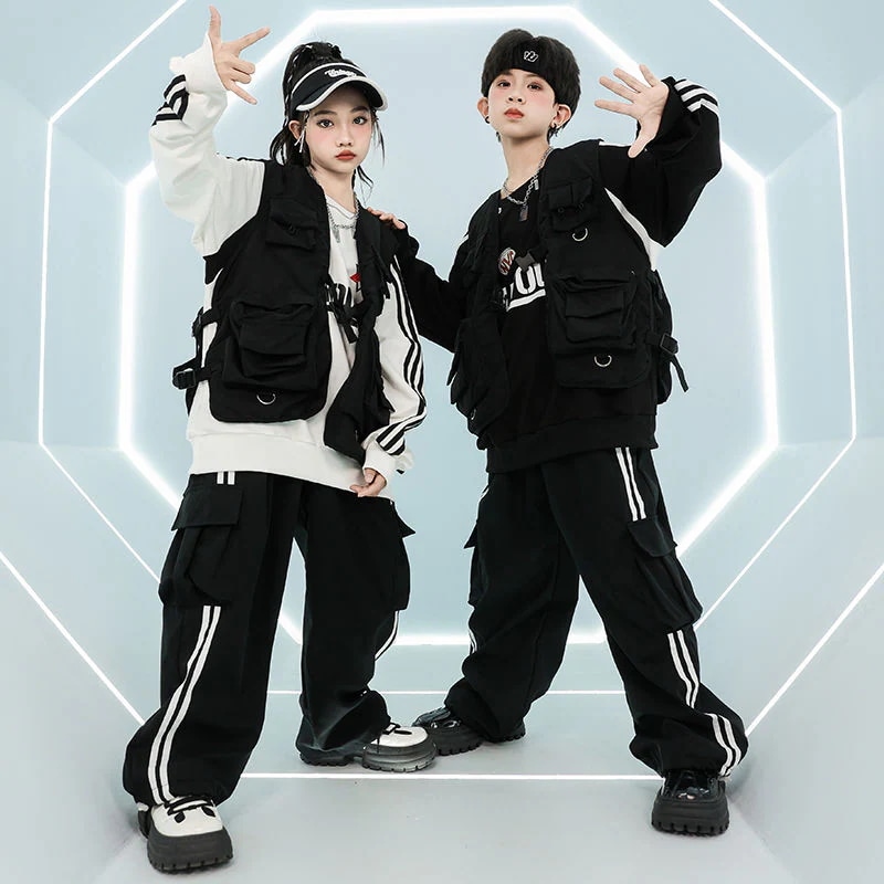 街舞児童潮服ヒップホップセット男女童クールかっこいい戦術工装馬甲架子鼓hiphop演技服 街舞児童潮服ヒップホップセット男女童クールかっこいい戦術工装馬甲架子鼓hiphop演技服