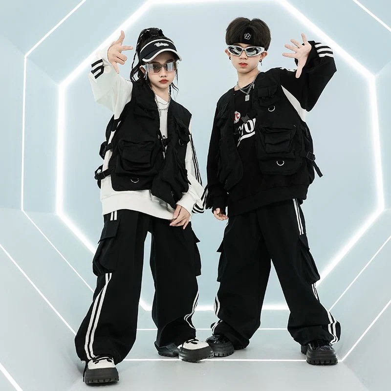 街舞児童潮服ヒップホップセット男女童クールかっこいい戦術工装馬甲架子鼓hiphop演技服 街舞児童潮服ヒップホップセット男女童クールかっこいい戦術工装馬甲架子鼓hiphop演技服