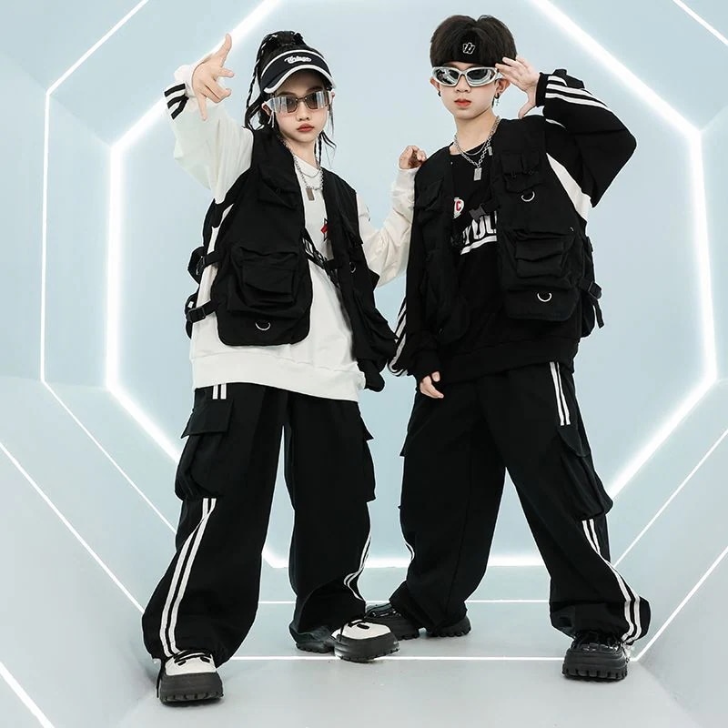街舞児童潮服ヒップホップセット男女童クールかっこいい戦術工装馬甲架子鼓hiphop演技服 街舞児童潮服ヒップホップセット男女童クールかっこいい戦術工装馬甲架子鼓hiphop演技服