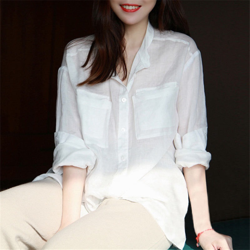 シャツ ブラウス 長袖 ドロップショルダー 襟付き 角襟 ポケット 麻 リネン 薄手 透け感 シンプル カジュアル ラフ 大人可愛い 春 秋 デート オフィス 通勤 重ね着 XL ホワイト