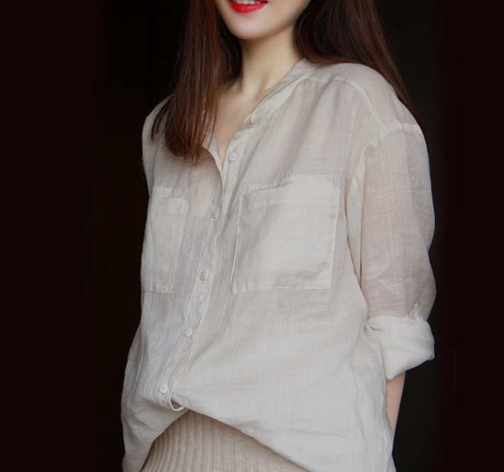 シャツ ブラウス 長袖 ドロップショルダー 襟付き 角襟 ポケット 麻 リネン 薄手 透け感 シンプル カジュアル ラフ 大人可愛い 春 秋 デート オフィス 通勤 重ね着 XL ホワイト