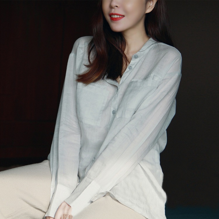 シャツ ブラウス 長袖 ドロップショルダー 襟付き 角襟 ポケット 麻 リネン 薄手 透け感 シンプル カジュアル ラフ 大人可愛い 春 秋 デート オフィス 通勤 重ね着 XL ホワイト